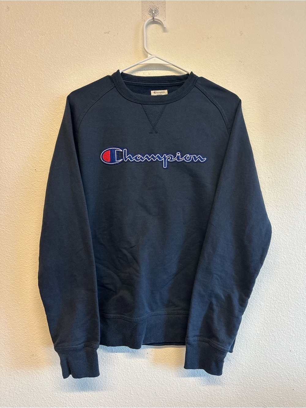 Champion Navy Crewneck Sweatshirt with Red & White Logo